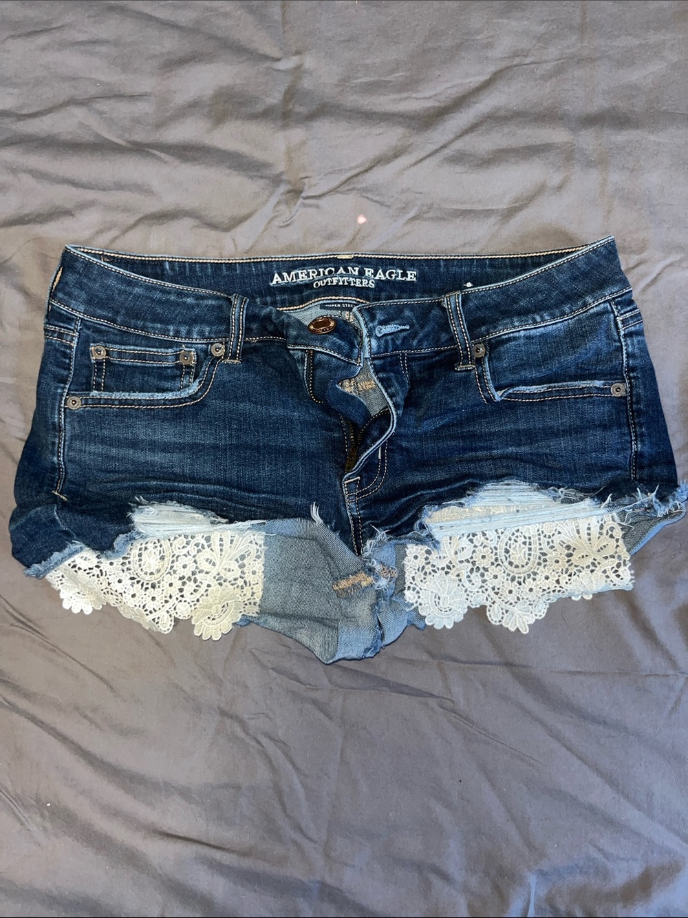 American Eagle Outfitters Dark Blue Denim Shorts with White Lace Trim